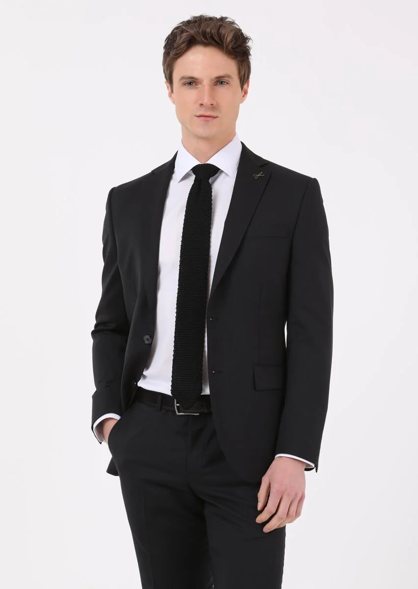 Siyah Düz Modern Fit %100 Yün Takım Elbise - 2