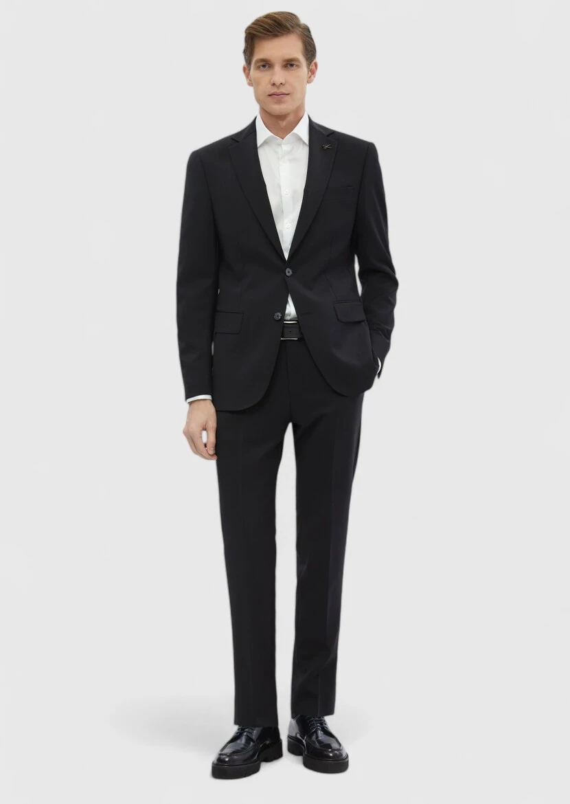 Siyah Düz Modern Fit %100 Yün Takım Elbise - RAMSEY