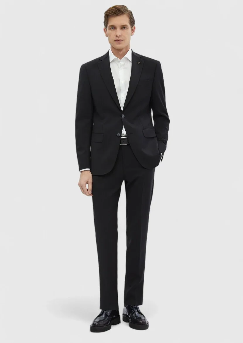 Siyah Düz Modern Fit %100 Yün Takım Elbise - 2