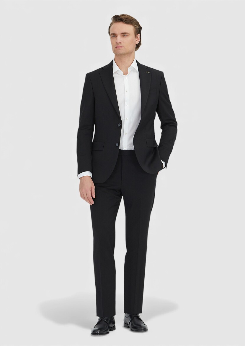 Siyah Düz Modern Fit %100 Yün Takım Elbise - RAMSEY