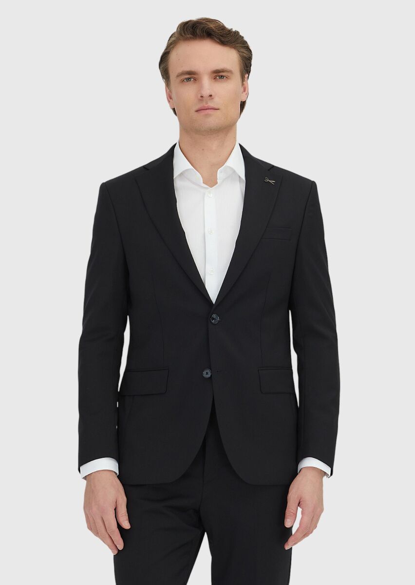 Siyah Düz Modern Fit %100 Yün Takım Elbise - 2