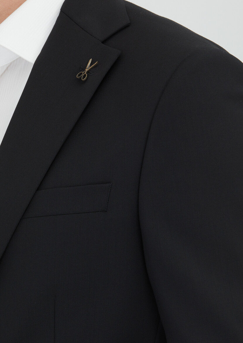 Siyah Düz Modern Fit %100 Yün Takım Elbise - 3