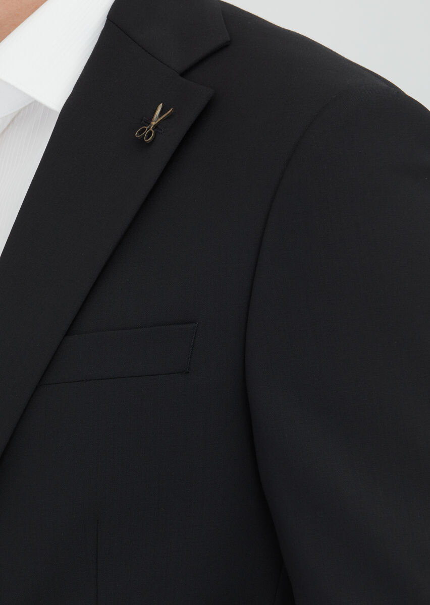 Siyah Düz Modern Fit %100 Yün Takım Elbise - 3