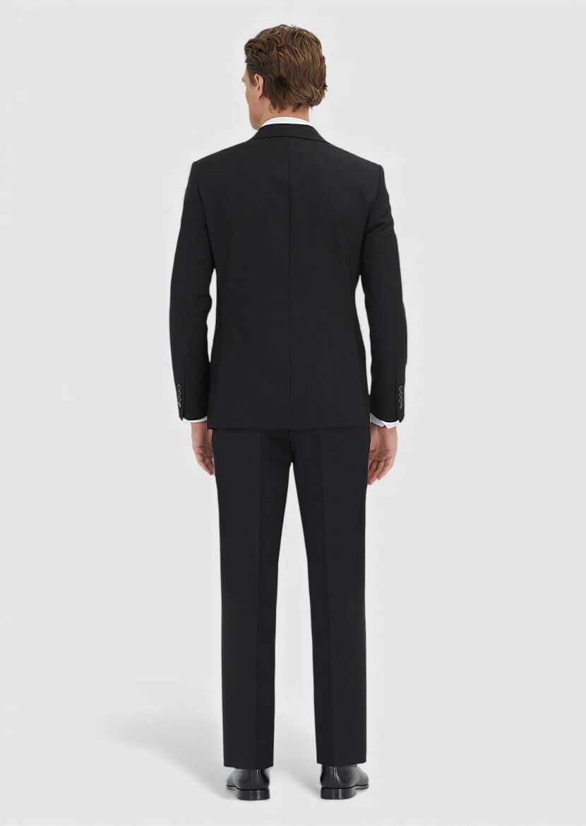 Siyah Düz Modern Fit %100 Yün Takım Elbise - 5