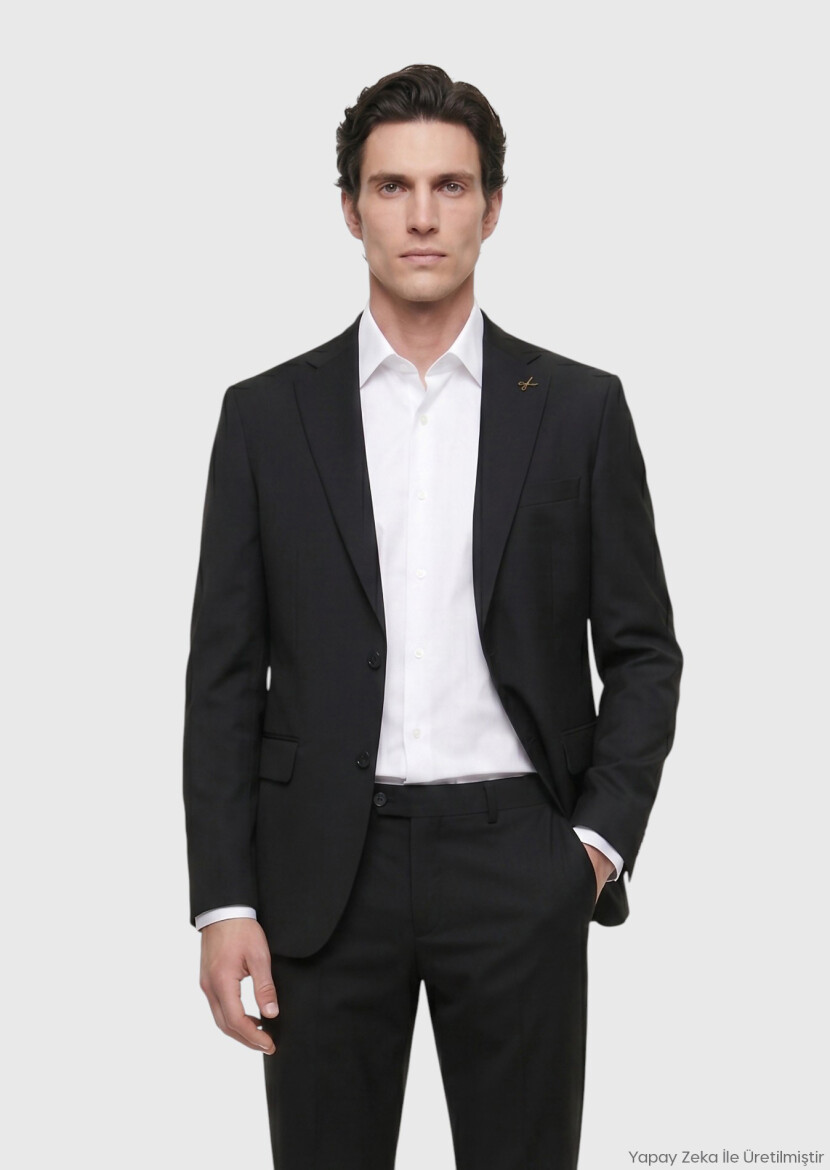 Siyah Düz Modern Fit %100 Yün Takım Elbise 
