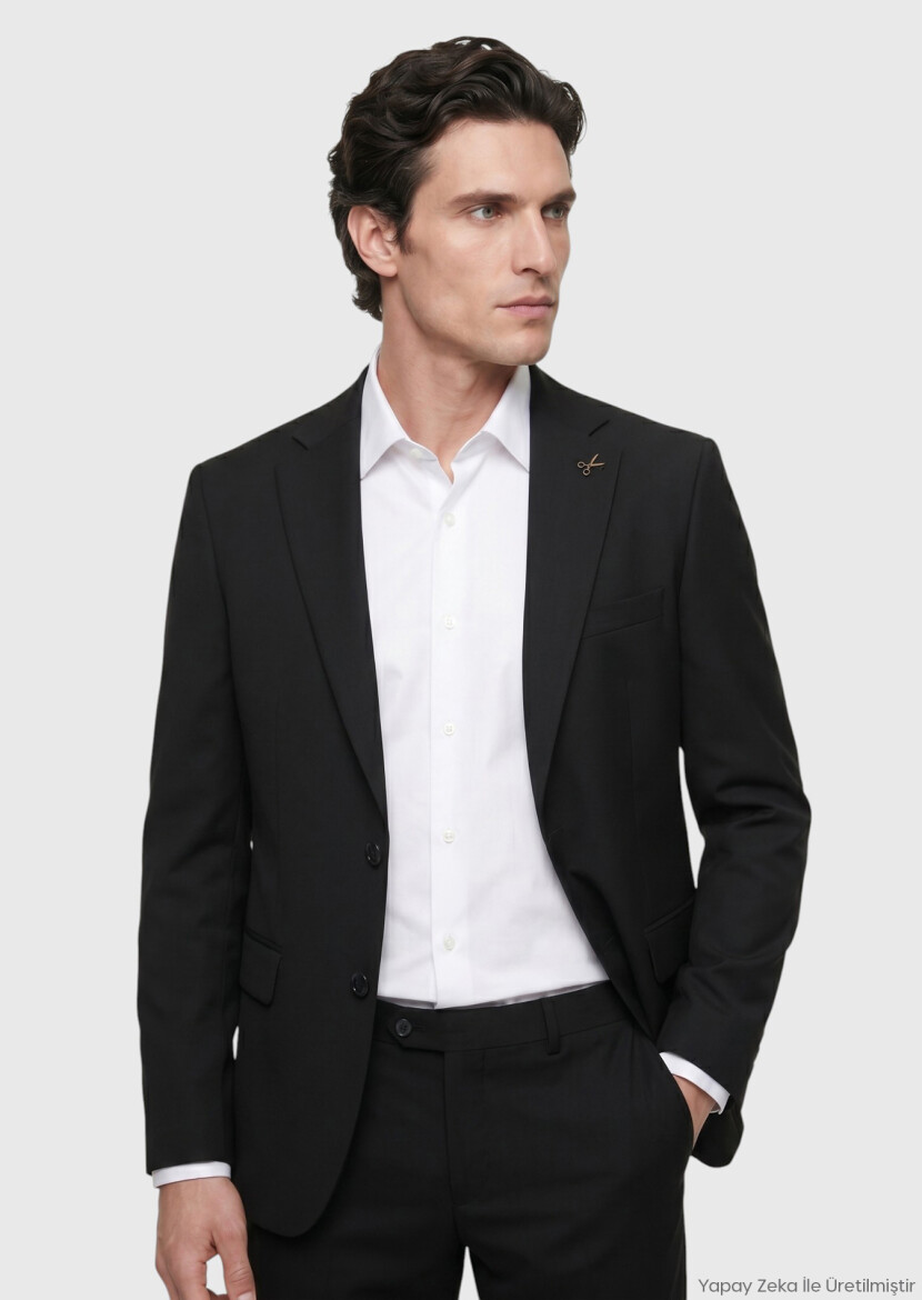 Siyah Düz Modern Fit %100 Yün Takım Elbise - RAMSEY