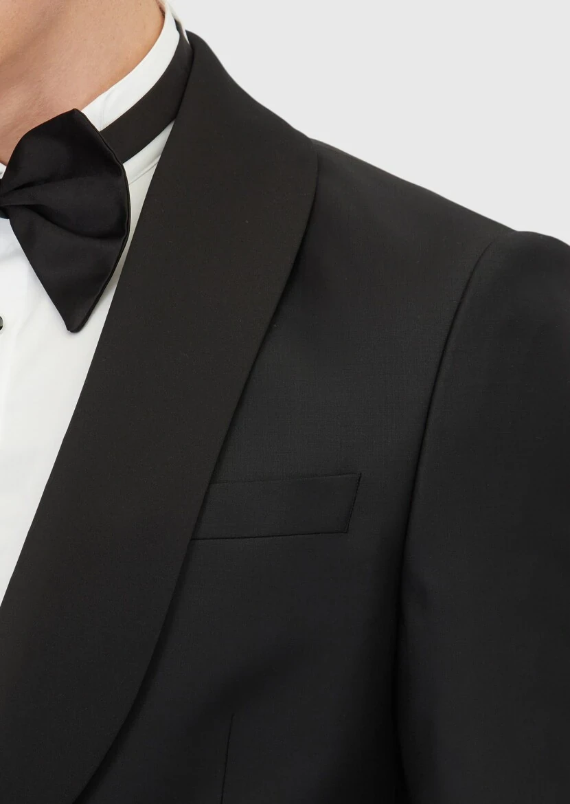 Siyah Düz Modern Fit Kelebek Yaka Dokuma Smokin Takım Elbise - 4