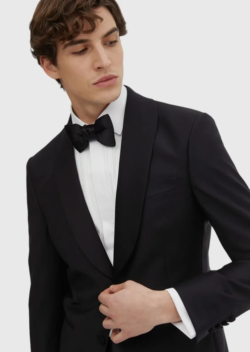 Siyah Düz Modern Fit Kelebek Yaka Dokuma Smokin Takım Elbise - 3