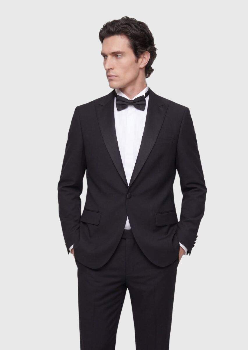 Siyah Düz Modern Fit Şal Yaka Dokuma Smokin Takım Elbise - 2