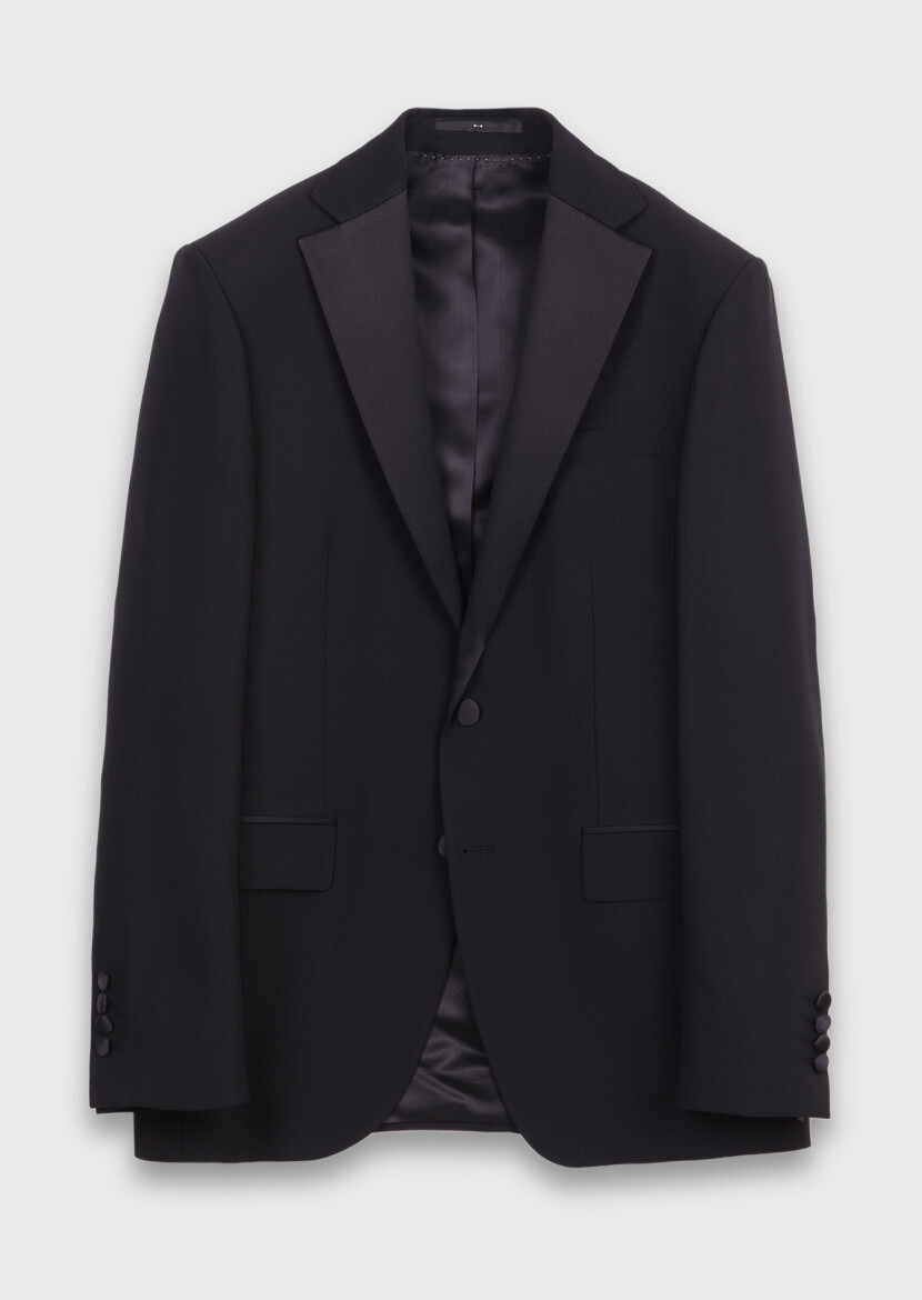Siyah Düz Modern Fit Şal Yaka Dokuma Smokin Takım Elbise - 5