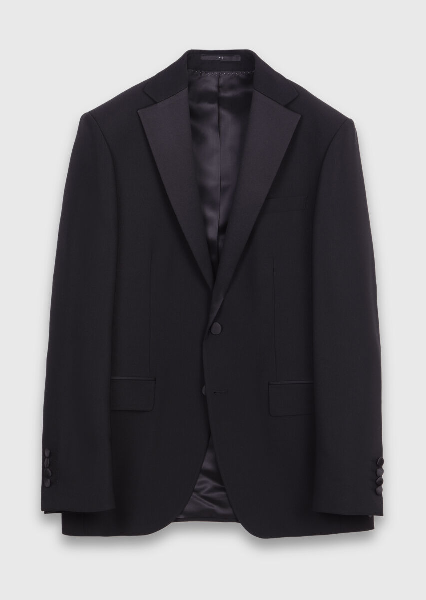 Siyah Düz Modern Fit Şal Yaka Dokuma Smokin Takım Elbise - 5