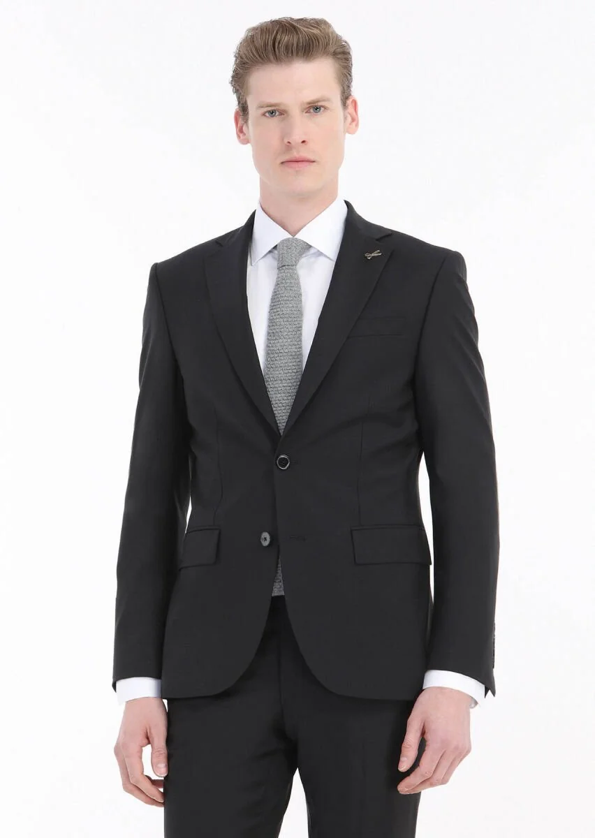 Siyah Düz Modern Fit Yün Karışımlı Takım Elbise - 1