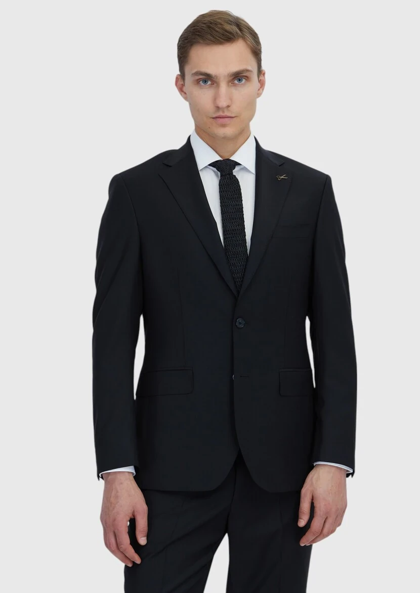Siyah Düz Modern Fit Yün Karışımlı Takım Elbise - 1