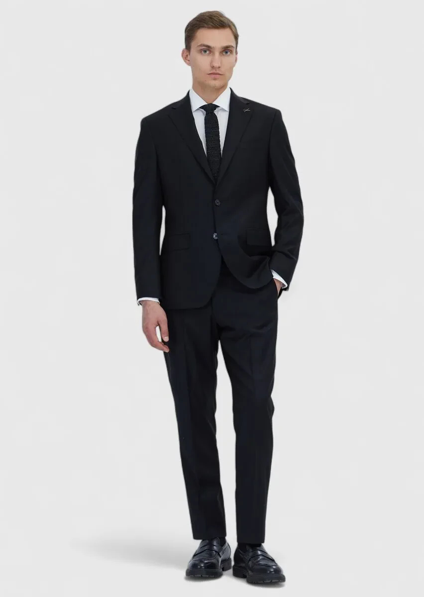 Siyah Düz Modern Fit Yün Karışımlı Takım Elbise - 2