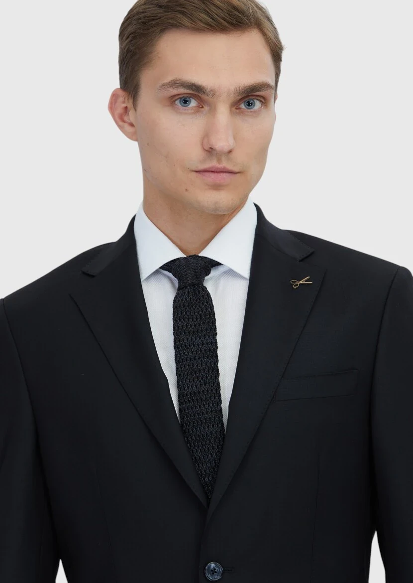 Siyah Düz Modern Fit Yün Karışımlı Takım Elbise - 3