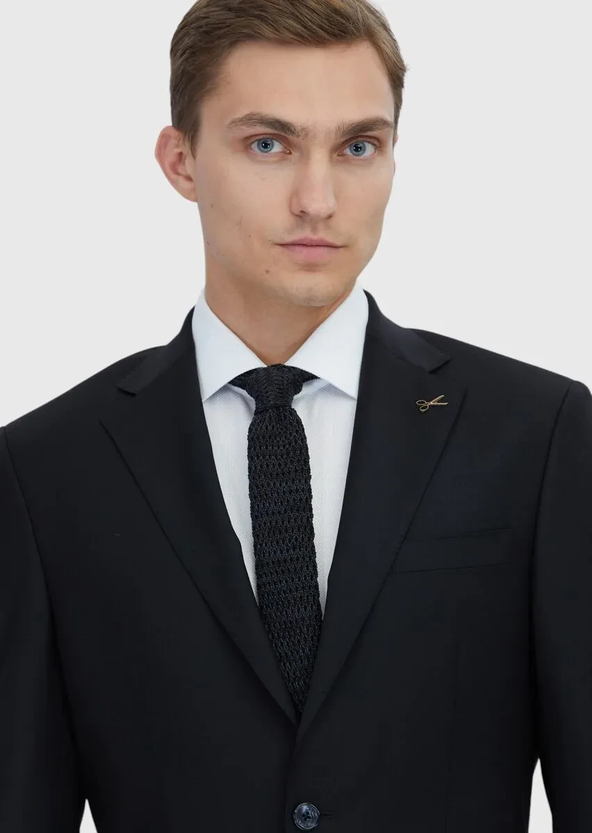 Siyah Düz Modern Fit Yün Karışımlı Takım Elbise - 3