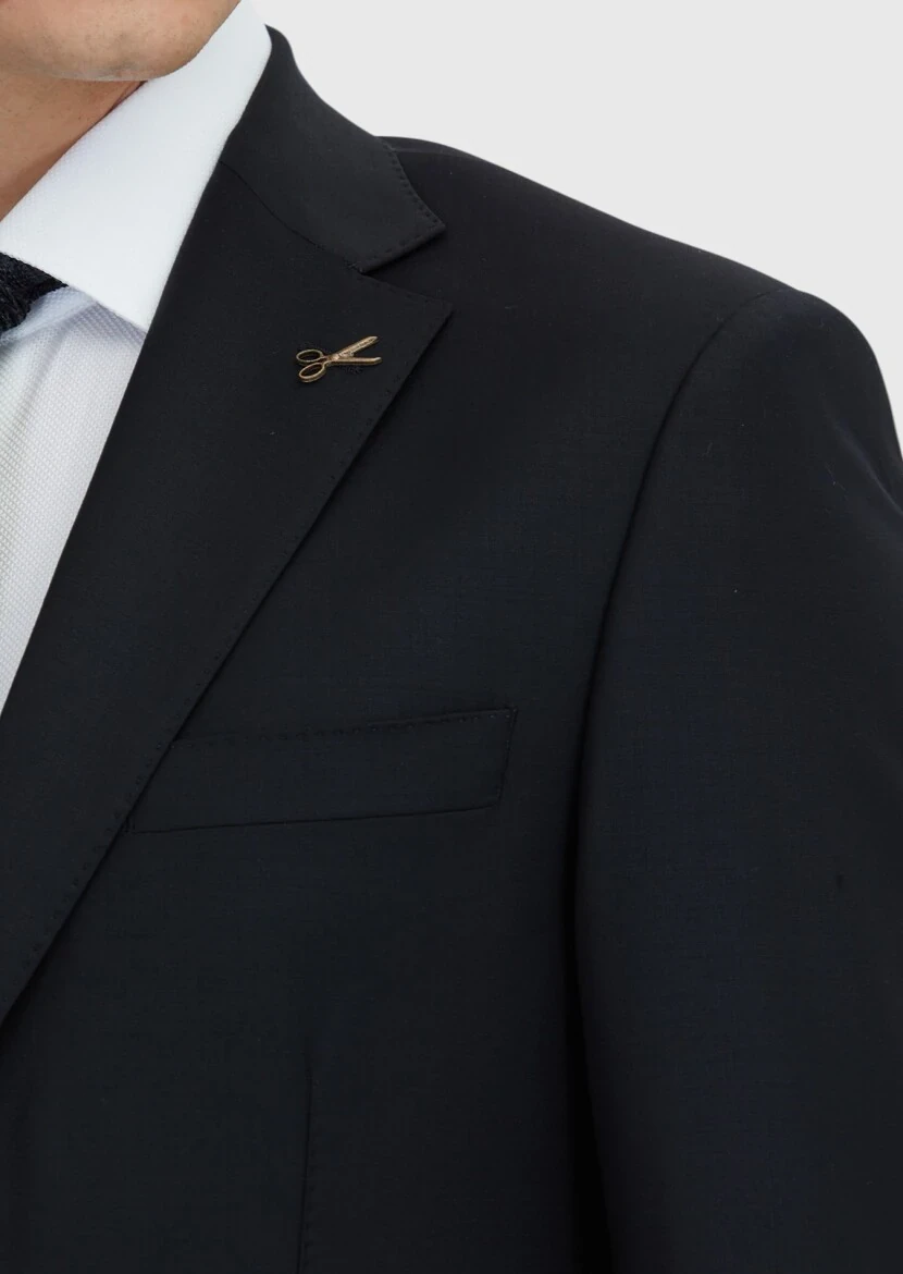 Siyah Düz Modern Fit Yün Karışımlı Takım Elbise - 4