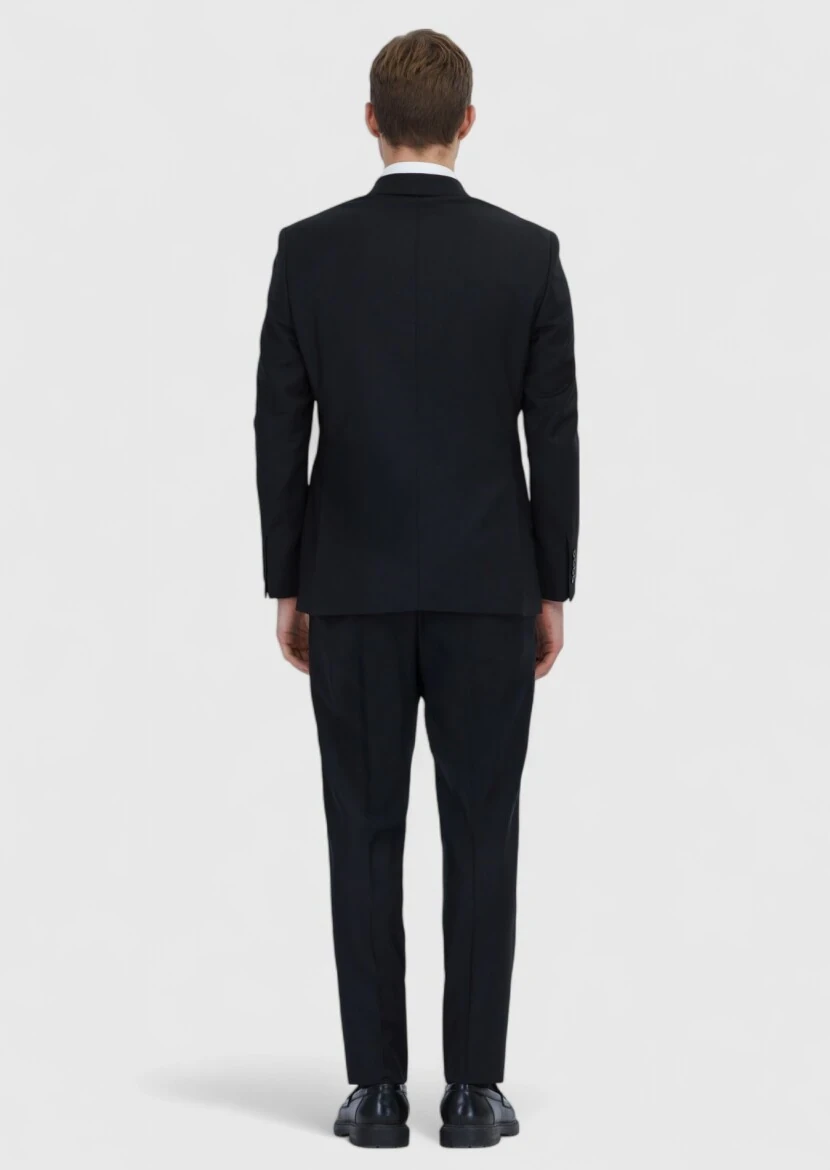 Siyah Düz Modern Fit Yün Karışımlı Takım Elbise - 5