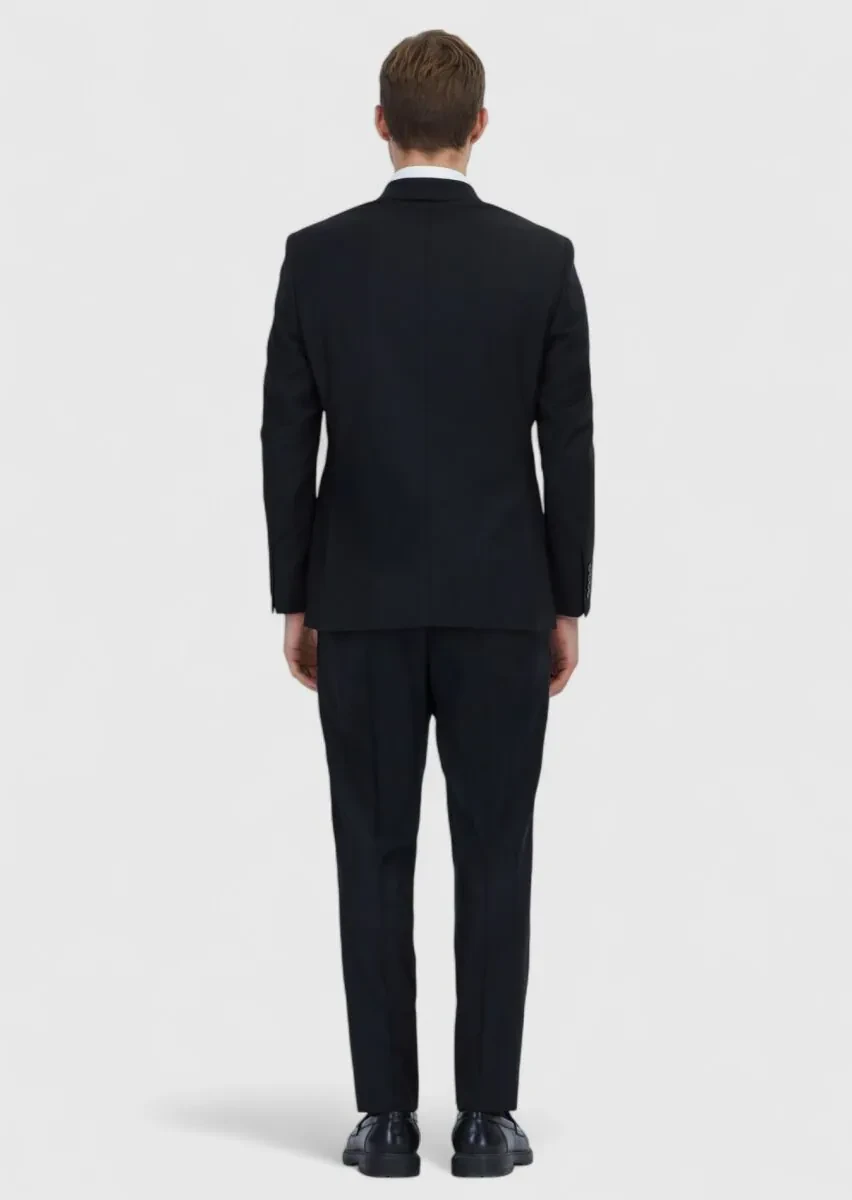 Siyah Düz Modern Fit Yün Karışımlı Takım Elbise - 5