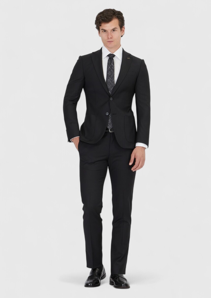 Siyah Düz Modern Fit Yün Karışımlı Takım Elbise - 2