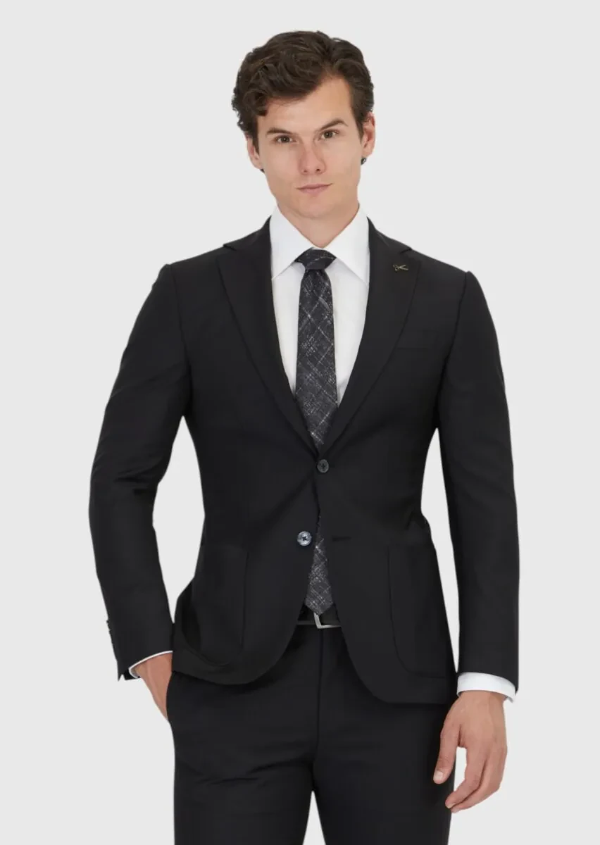 Siyah Düz Modern Fit Yün Karışımlı Takım Elbise - 1