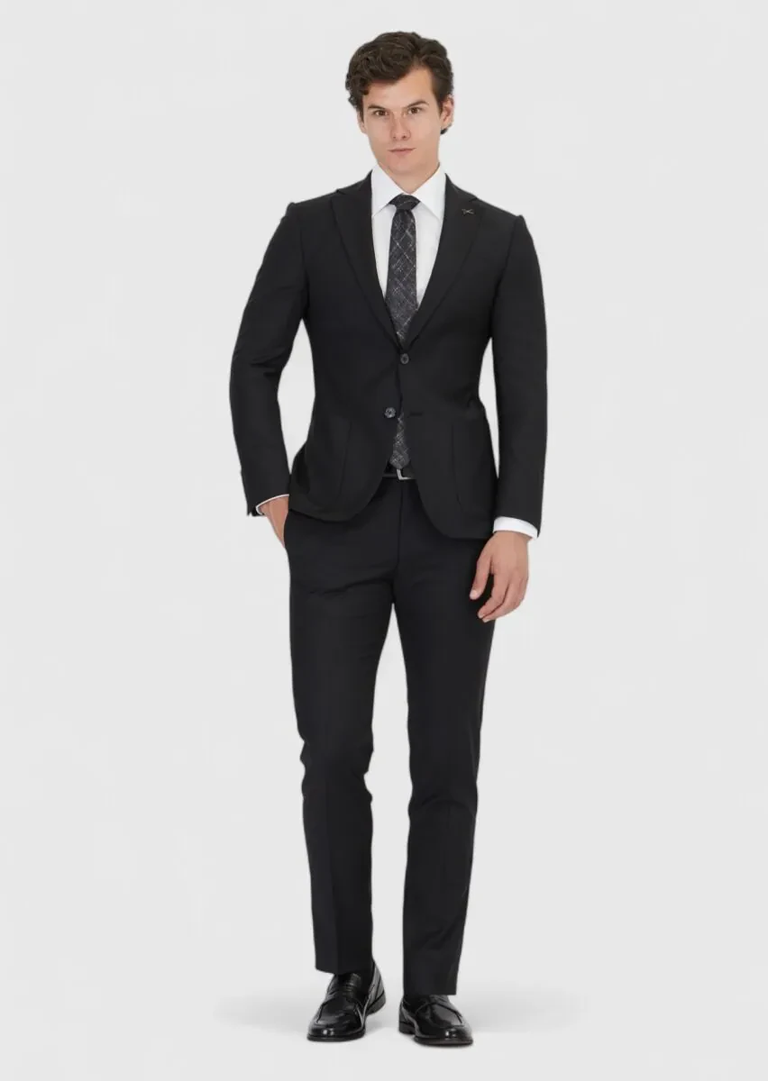 Siyah Düz Modern Fit Yün Karışımlı Takım Elbise - 2