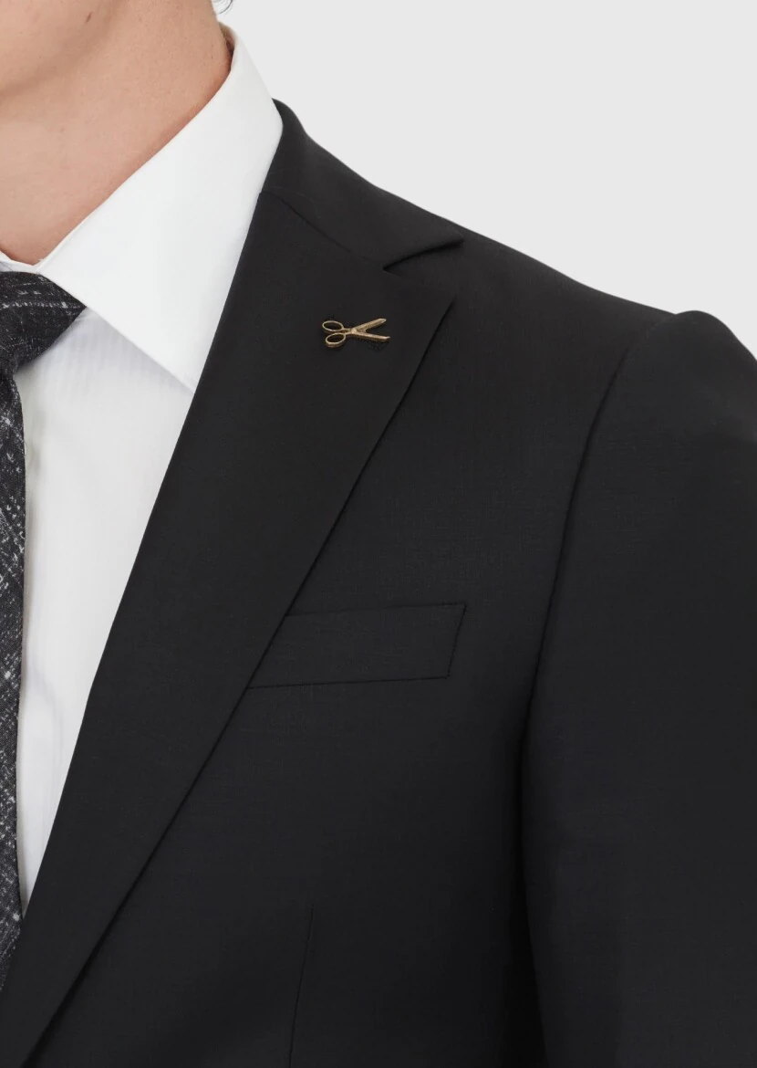 Siyah Düz Modern Fit Yün Karışımlı Takım Elbise - 4