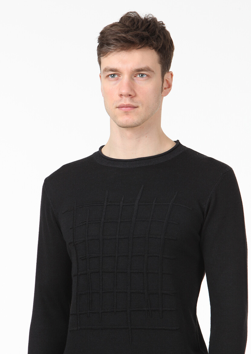 Siyah Düz Örgü Yün Karışımlı Triko Kazak 