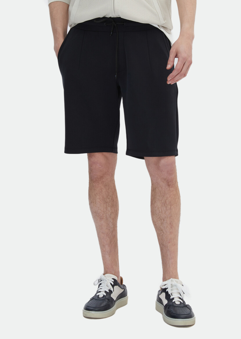 Siyah Düz Örme Jogging Fit Casual Bermuda 