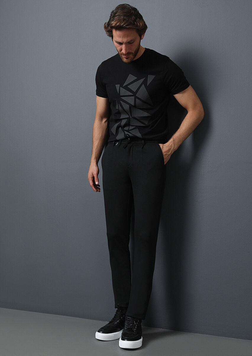 Siyah Düz Örme Jogging Fit Casual Pantolon - 1