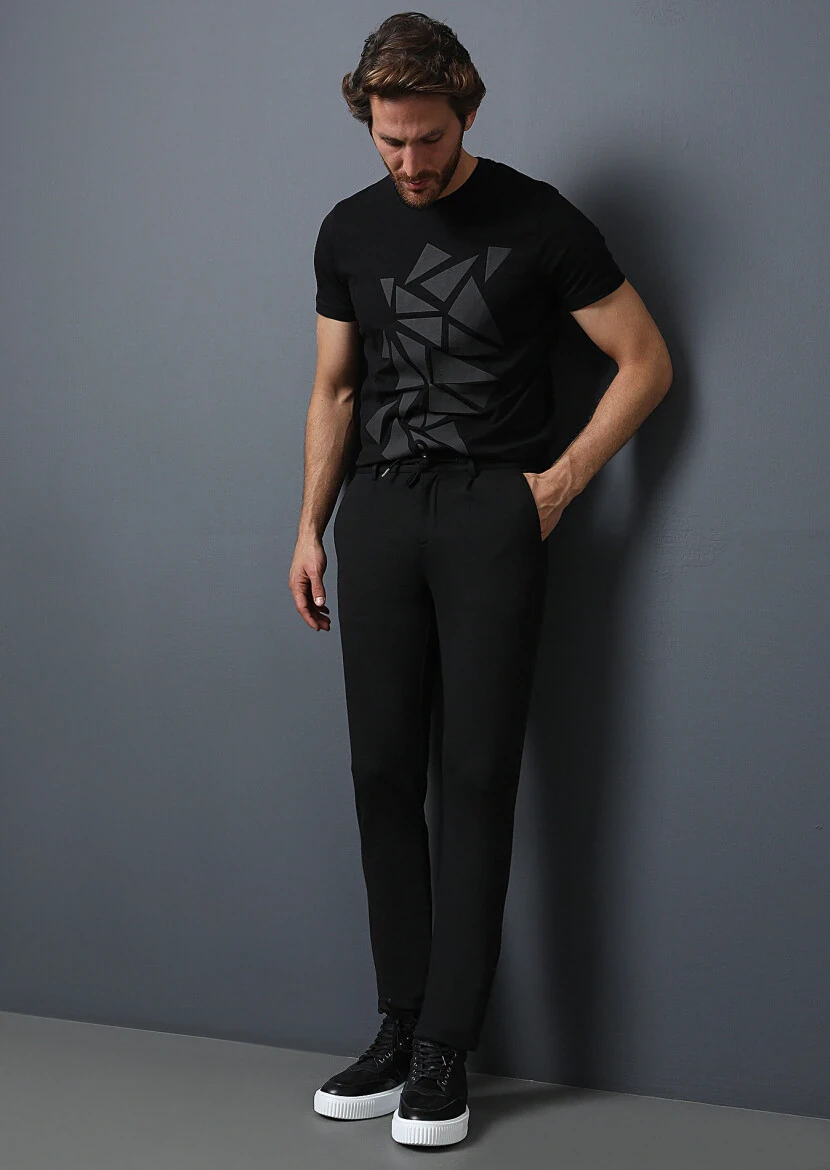 Siyah Düz Örme Jogging Fit Casual Pantolon - 1