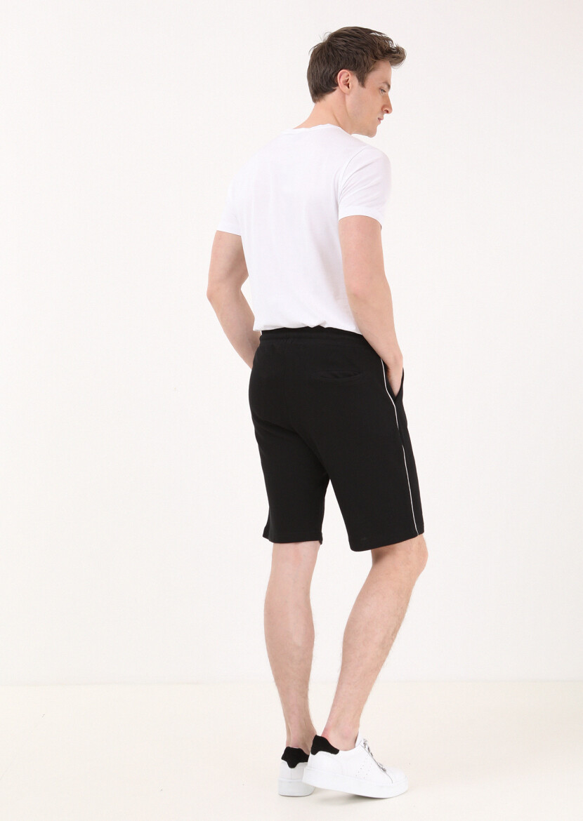 Siyah Düz Örme Regular Fit Casual %100 Pamuk Bermuda - 4