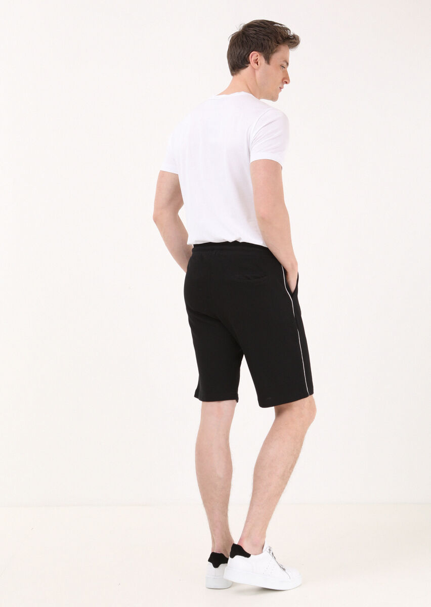 Siyah Düz Örme Regular Fit Casual %100 Pamuk Bermuda - 4