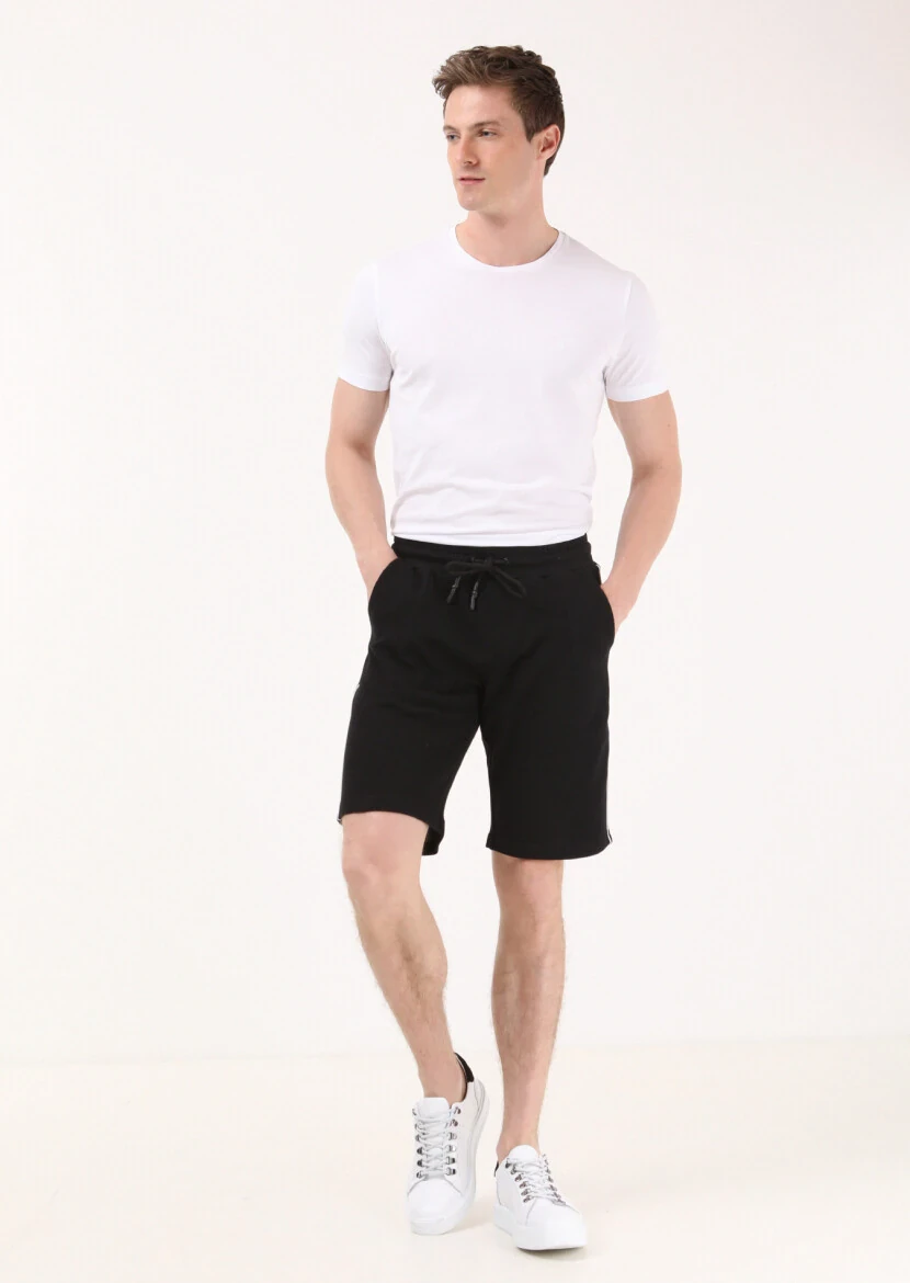 Siyah Düz Örme Regular Fit Casual %100 Pamuk Bermuda - 1