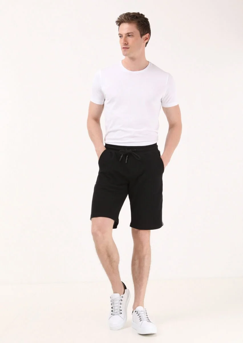 Siyah Düz Örme Regular Fit Casual %100 Pamuk Bermuda - 1