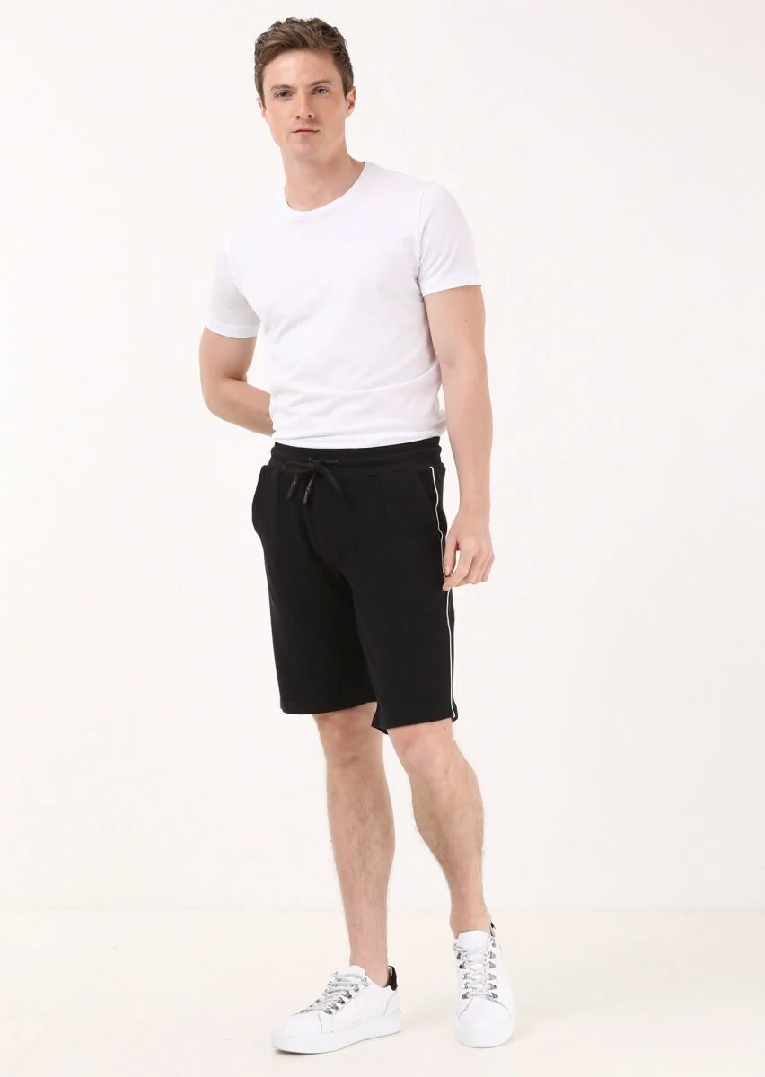 Siyah Düz Örme Regular Fit Casual %100 Pamuk Bermuda - 3