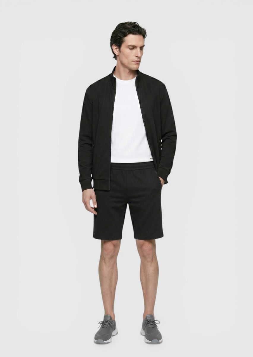 Siyah Düz Örme Regular Fit Casual Bermuda - 4