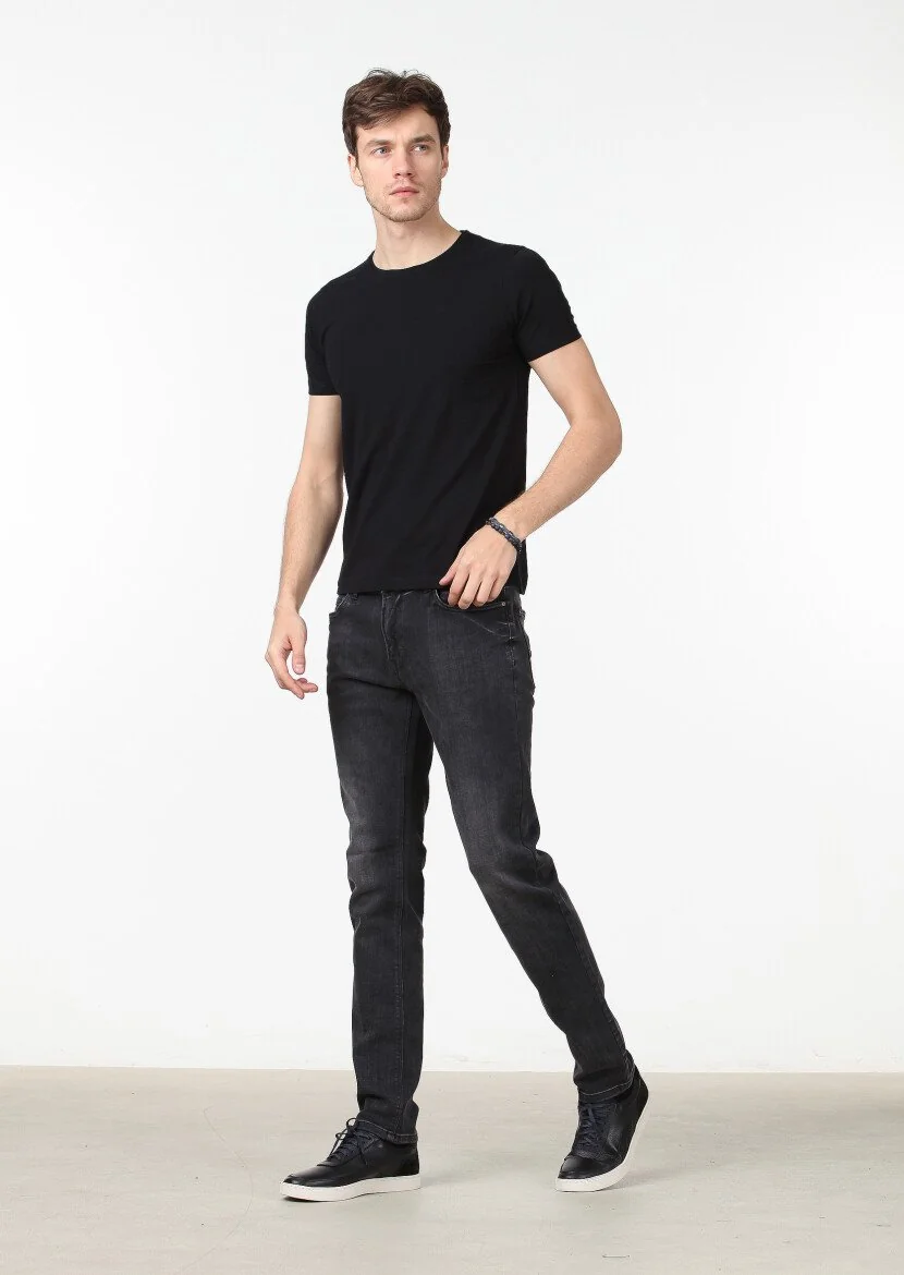 Siyah Düz Pamuk Karışımlı T-Shirt - 2