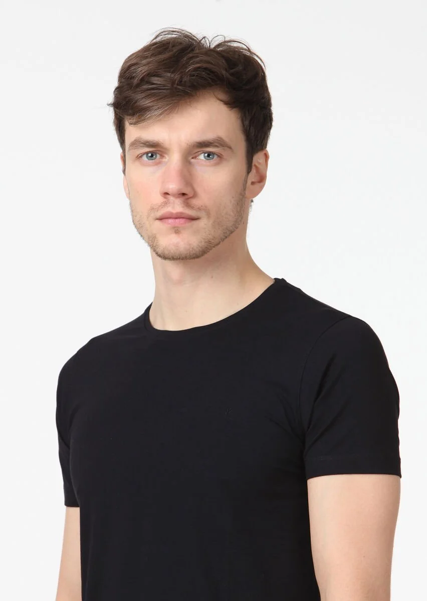 Siyah Düz Pamuk Karışımlı T-Shirt - 3