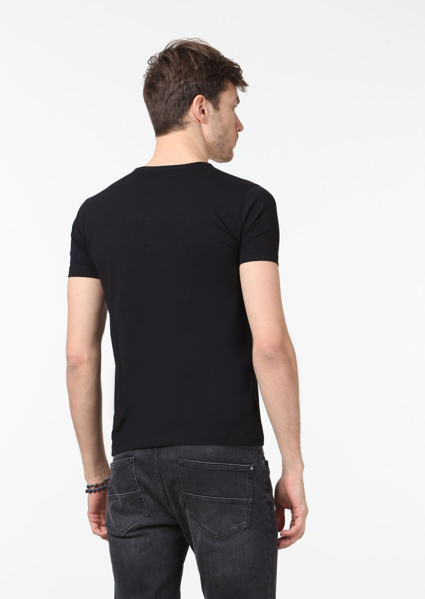 Siyah Düz Pamuk Karışımlı T-Shirt - 4