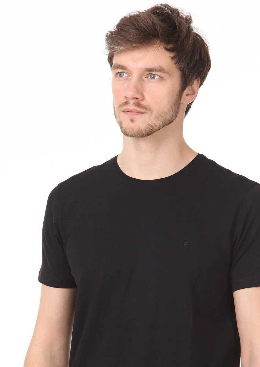 Siyah Düz Pamuk Karışımlı T-Shirt - 2