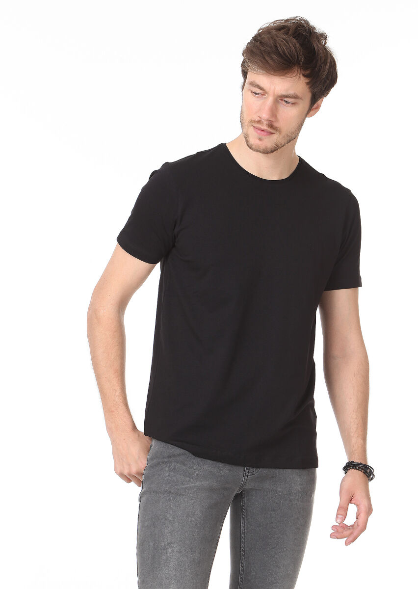 Siyah Düz Pamuk Karışımlı T-Shirt - 1