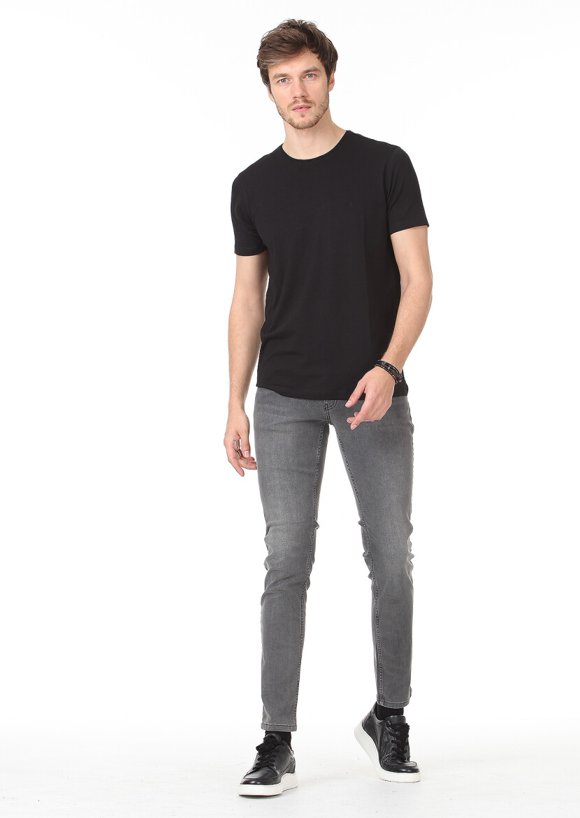 Siyah Düz Pamuk Karışımlı T-Shirt - 3