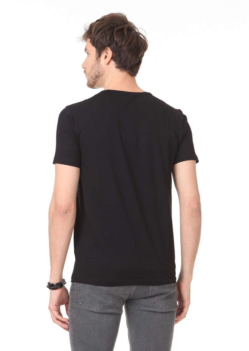 Siyah Düz Pamuk Karışımlı T-Shirt - 4