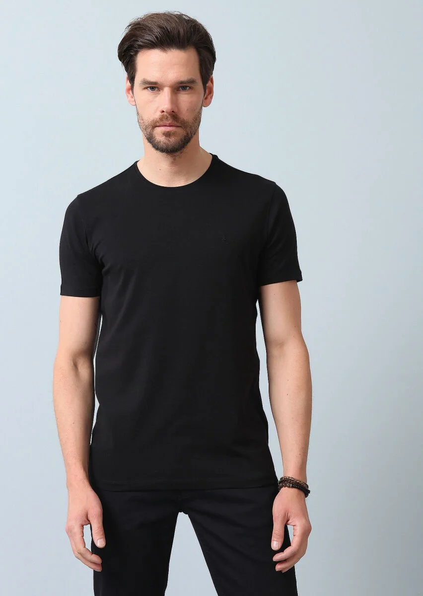 Siyah Düz Pamuk Karışımlı T-Shirt - 2