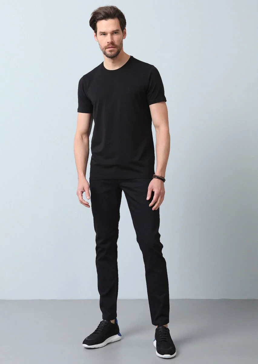 Siyah Düz Pamuk Karışımlı T-Shirt - 3