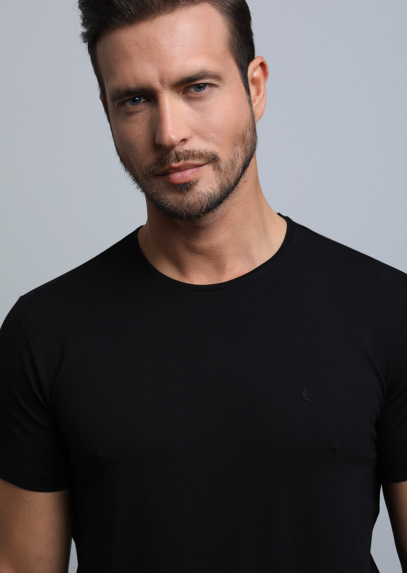 Siyah Düz Pamuk Karışımlı T-Shirt 