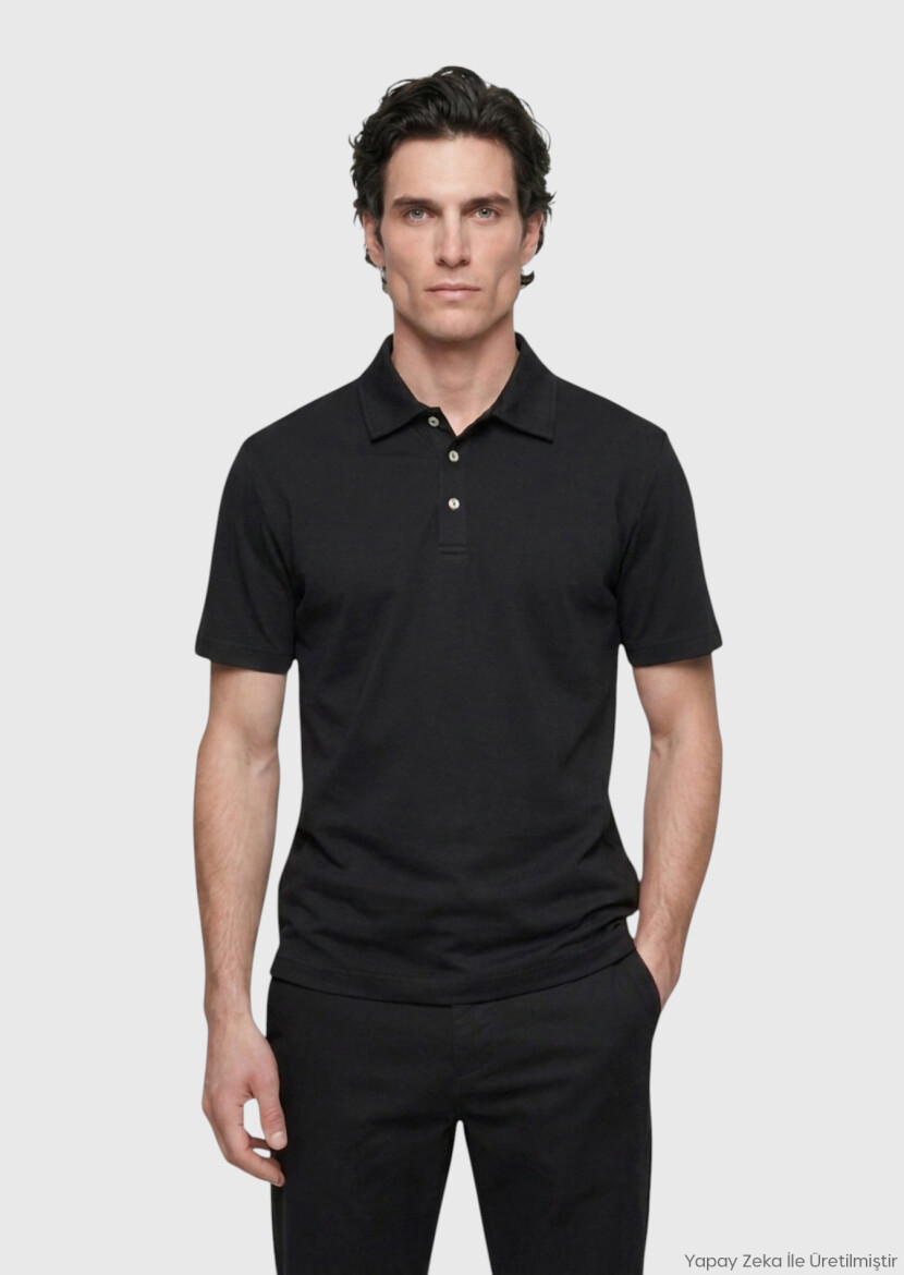 Siyah Düz Pamuk Karışımlı T-Shirt - RAMSEY
