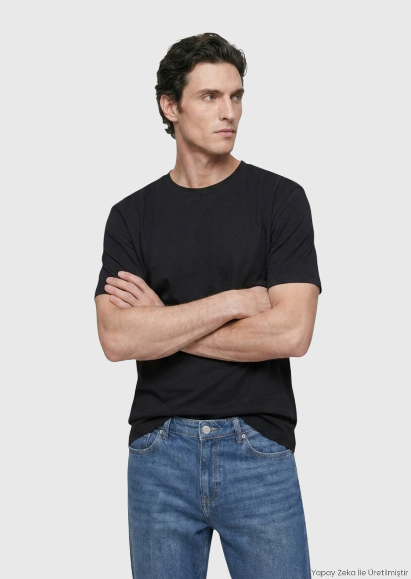 Siyah Düz Pamuk Karışımlı T-Shirt - RAMSEY