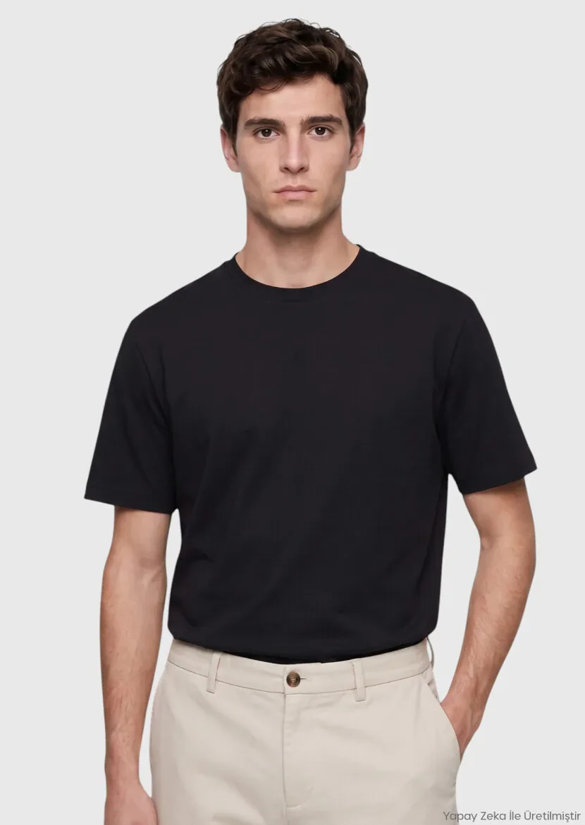 Siyah Düz Pamuk Karışımlı T-Shirt - RAMSEY